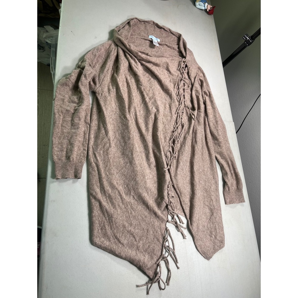 She + Sky Womens Large Brown Draped Wrap Cardigan Fringe Asymmetrical Boho